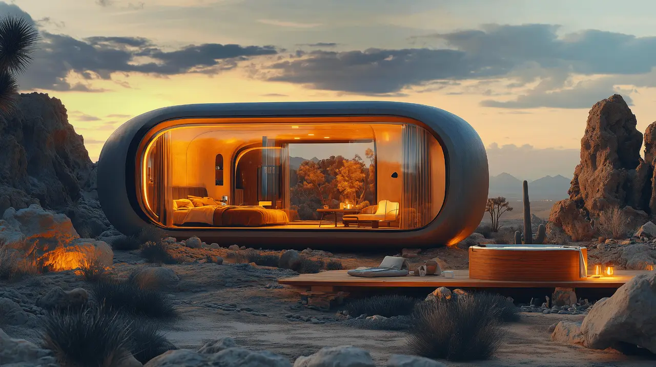 Cocoon micro-home at sunset in the desert