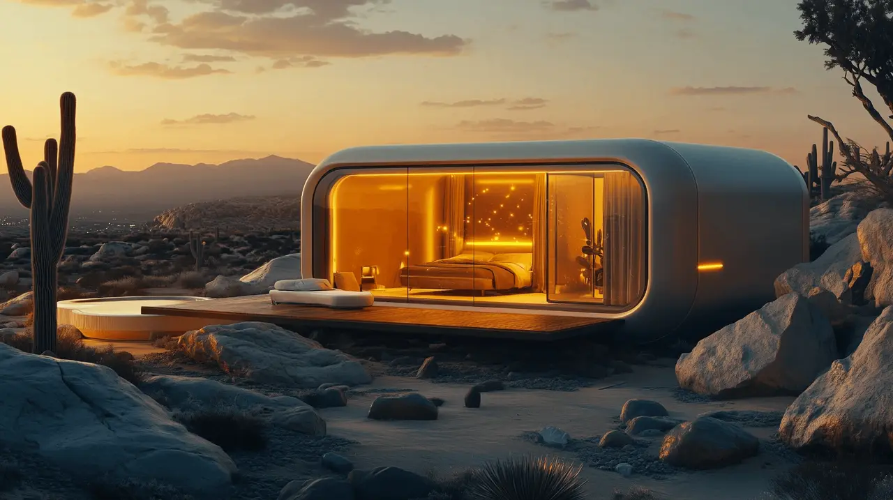Pill-shaped micro-home glowing at dusk
