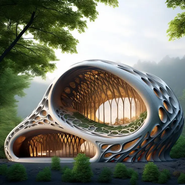 Organic sculpted dwelling in misty forest